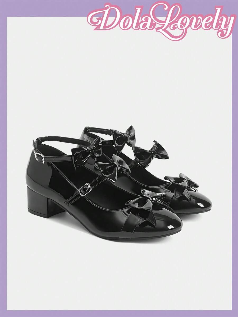 Dola Lovely 女士闪亮蝴蝶结装饰搭扣设计时尚百搭高跟鞋 - 黑色 - 查看 1