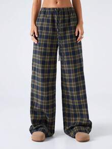 SHEIN EZwear Women Plaid Print Drawstring Waist Pants