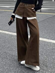 DAZY 女士宽松二合一遮腿长裤 Y2k - 棕色 - 查看 4