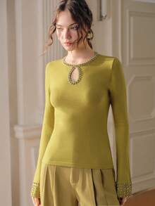 Savoree Elegant Embellished Rhinestone Crew Neck Front Keyhole Design Fitted Fashionable Knit Top, Chic Black Long Sleeve Sweater - Olive Green - View 7