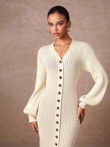 Lumalex Women's Solid Color Drop Shoulder Long Sleeve V-Neck Knitted Maxi Sweater Dress With Buttons - Apricot - View 6