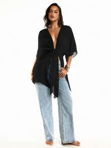 Swim Basics Women's Solid Color Minimalist Casual Kimono Cover Up - Black - View 3