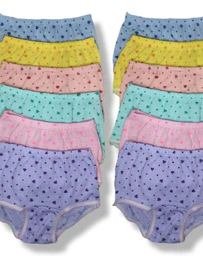 pantaleta calzón 12 piezas para niña estampado de corazones, varios colore, talla 0 a 12, 100% algodón     SET 12 pantaletas calzones niña algodón estampado corazones ropa interior talla 2 a 12, 100% algodón ( pantaleta, niña, estampada)