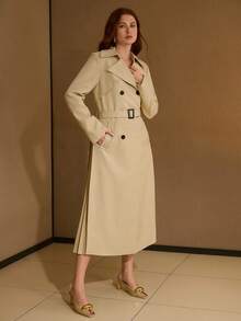 MOTF PREMIUM LAPEL COLLAR DOUBLE BREASTED PLACKET BUCKLE BELTED PLEATED PANEL TRENCH COAT - Khaki - View 3