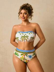 Travachic Plus Size Women Coconut Tree Print Swimwear Set, Bandeau Swimwear Top - Multicolor - View 4