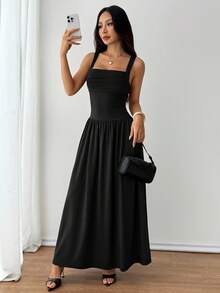 SHEIN PETITE 女士优雅纯色棕色咖啡色方领喇叭连衣裙，春夏款 - 黑色 - 查看 10