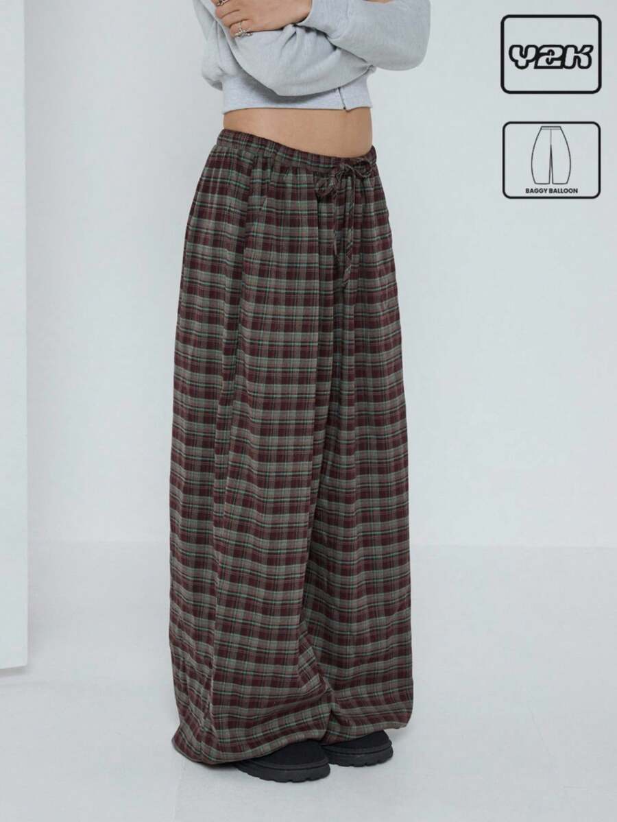 COUREZ Baggy Balloon Check Trousers With Cuffed Hem /Y2K Fall Winter Clothes For Women Going Out Outfits Sexy 2 Piece Outfits - Multicolor - View 1