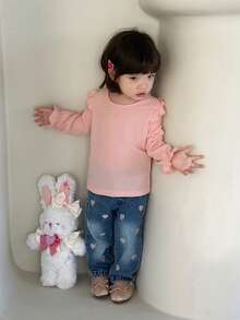 SHEIN 0-3 Jahre Baby Mädchen Frühling/Herbst süßer rosa Rundhals Langarm-Top mit Herz-Stickerei und Jeans-Hose Set, geeignet für Ausflüge, Lässig Bekleidung und Eltern-Kind-Partys - Verschiedenfarbig - Übersicht 7