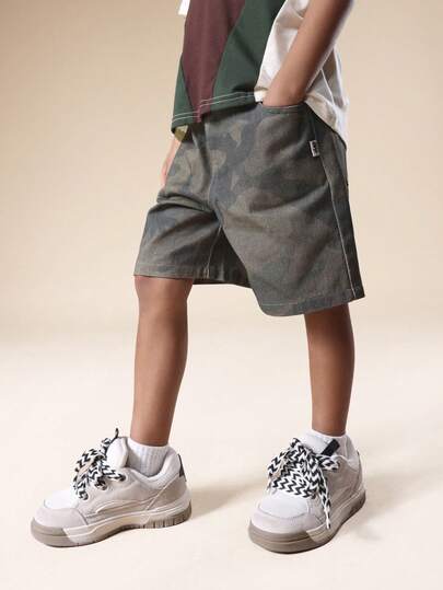 SUMWON Boys Camouflage Denim Jorts With Side Pockets Relaxed Fit Summer Casual Knee Length Shorts