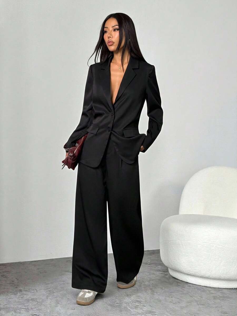 SHEIN PETITE Bộ vest quần dài tay rộng rãi họa tiết màu đen tối giản dành cho nữ trẻ, trang phục công sở thường ngày cơ bản - màu đen - Xem 1