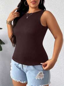 Elenzga Canotta aderente in maglia a costine di colore unito, casual e semplice, adatta per l'uso quotidiano e per il pendolarismo, disponibile in taglie comode per donne - Castano - Visualizzare 4