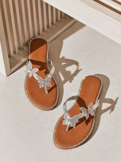 SHUZIA #GlamBloom Women's Rhinestone Butterfly Decor Silver Flip Flops – Sparkly, Elegant & Summer-Ready