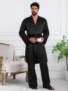 DAZY Men's Black Satin Shiny Fabric Pants Matching Robe Loungewear Set, Spring/Autumn - Black - View 4