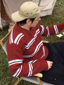 DAZY Spring Men's Striped Polo Neck Sweater With Red Base And Blue & Yellow Stripes - Multicolor - View 6