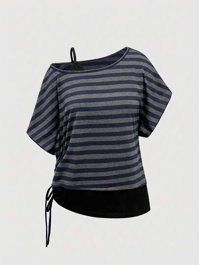 ROMWE Summer Outfits Dark Grunge Punk Asymmetric Shoulder Loose Fit Vintage Striped Plus Size T-Shirt
