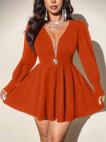Viva Relle Vestido negro de línea A con cuello en V, mangas abullonadas, cintura con lazo, elegante y delicado con mezcla de tul francés de lujo, versátil y elegante para fiestas, sexy y de talla grande para mujeres - Naranja - Ver 6