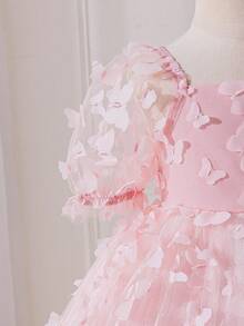 One-Piece Baby Girl 3D Bow Woven Princess Sleeve Dress, Suitable For Parties, Outings, And Other Occasions. Pink Toddler Butterfly Dress Pink Princess Dress Babygirl Princess Puffy Dress Pink Bow Dress Pink Flower Girl Dress - Pink - View 6