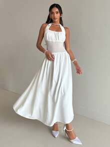 Aloruh Robe de plage, de vacances ou de rendez-vous élégante pour femmes, en tissu texturé blanc, avec un col ras-du-cou froncé et une taille attachée - Blanc - Voir 9