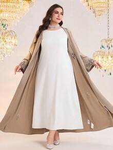 Al Najma Áo choàng Abaya dài tay thêu hoa dành cho nữ cỡ lớn, kiểu dáng thường ngày. - Màu Khaki - Xem 7