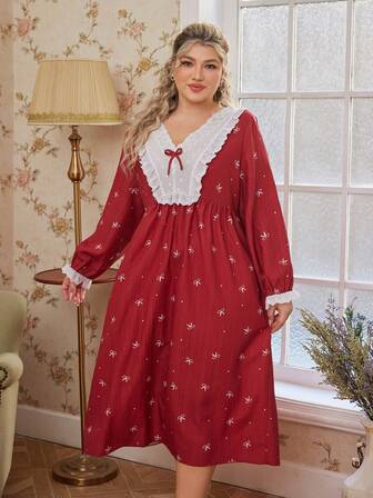 SHEIN Damen Große Größen Schmetterling Muster bestickte Spitzenbesatz Dekorative Nachthemd