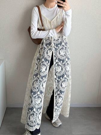 FRIFUL Women's Embroidered Floral Organza Maxi Slip Dress