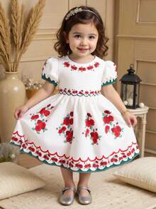 SHEIN Đầm trắng tay phồng cổ tròn in họa tiết hoa hồng dễ thương cho bé gái. - trắng - Xem 3