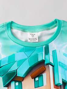 SHEIN Bộ đồ ngủ 2 món cho bé trai/thiếu niên, kiểu dáng thường ngày, đa năng, thoải mái, in họa tiết, gồm áo tay ngắn cổ tròn dáng rộng và quần short dệt kim ôm sát. - màu xanh lá - Xem 7