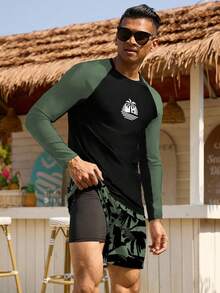Manfinity Swimmode 2pcs Men's Tropical Print Contrast Color Raglan Sleeve Top And Drawstring Waist Shorts Swimsuit Set - Multicolor - View 3