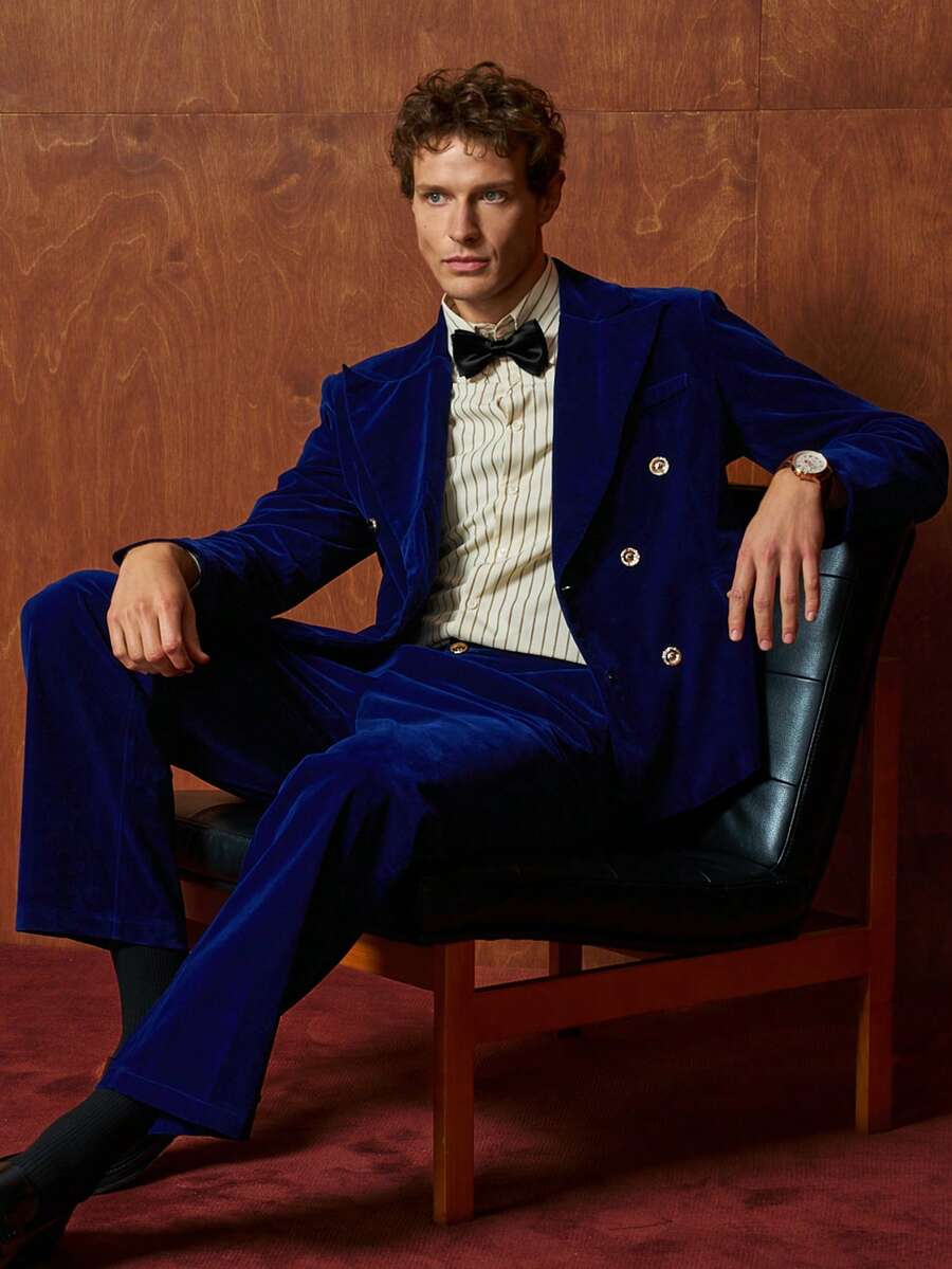 Manfinity Dauomo Vintage Classic Old Coin Pattern Double-Breasted Velvet Casual Suit For Men - Pink - View 1