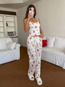 Dream Adore Women's Cute Bear Print Camisole And Pants Pajama Set Valentine's Cute Lounge Set - Apricot - View 5