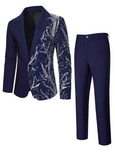 Manfinity Bizformal Men's Business Evening Attire Navy Blue Polyester Suit Set Long Sleeve Lapel Blazer With All Over Sequin Print And Long Pants Mens Blazer And Pants Mens Matching Sets Men 2 Piece Set Lapel Mens Suit Set Men Party Outfit