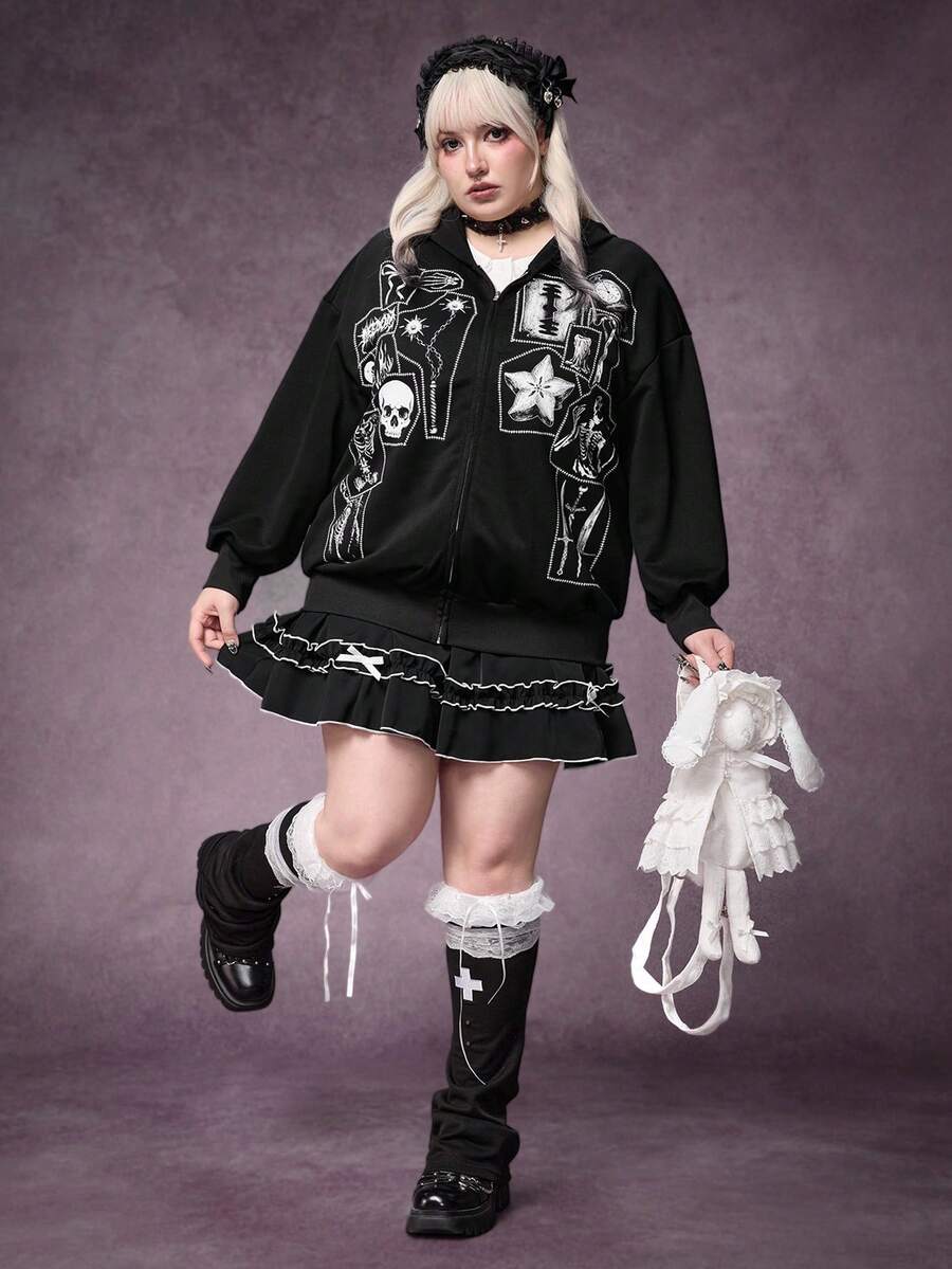 ROMWE Áo nỉ nữ cỡ lớn in họa tiết đầu lâu, nơ và quả khế theo phong cách Gothic, màu đen, thích hợp cho mùa thu/đông đi học, có khóa kéo. - màu đen - Xem 1