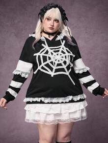 ROMWE Plus Size Women Gothic Lace Spider Web Patchwork Sweatshirt, Autumn/Winter Plus Size Hooded Pullover - Black - View 5