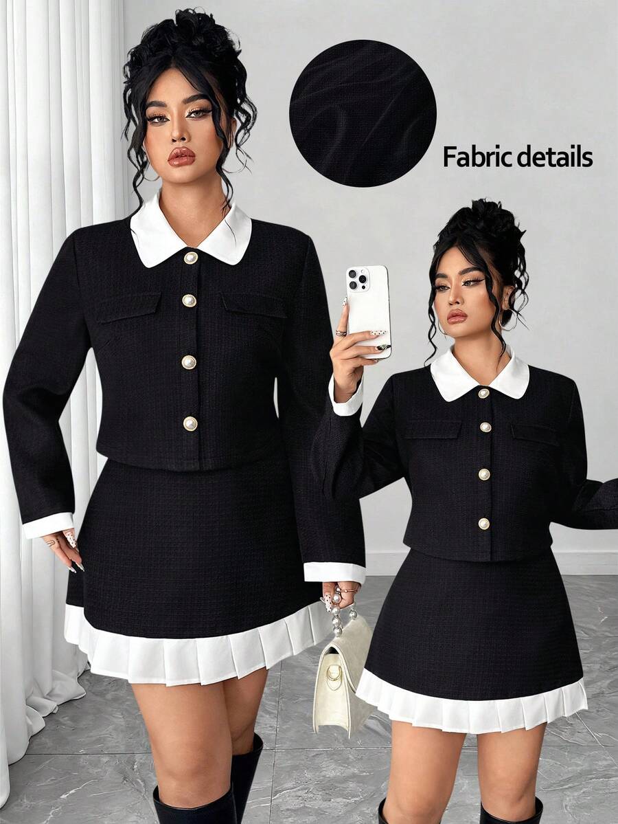 Elenzga Plus Size Women Elegant Contrast Color Long Sleeve Single-Breasted Jacket And Midi Skirt Set - Black and White - View 1