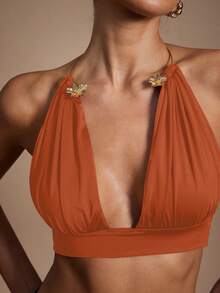 Hauture 女士性感露背吊带上衣，金色金属饰边，适合派对穿着 - 棕色 - 查看 3