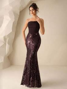Coutiva Đầm dạ hội cao cấp không dây vai, đính sequin và nhiều mảnh vải. - Cà phê nâu - Xem 4