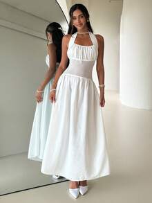Aloruh Robe de plage, de vacances ou de rendez-vous élégante pour femmes, en tissu texturé blanc, avec un col ras-du-cou froncé et une taille attachée - Blanc - Voir 8