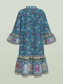 SHEIN 经典复古印花阿拉伯传统长裙，适合春夏穿着，女童连衣裙，少女连衣裙，V领拼接长袖连衣裙 - 彩色 - 查看 6