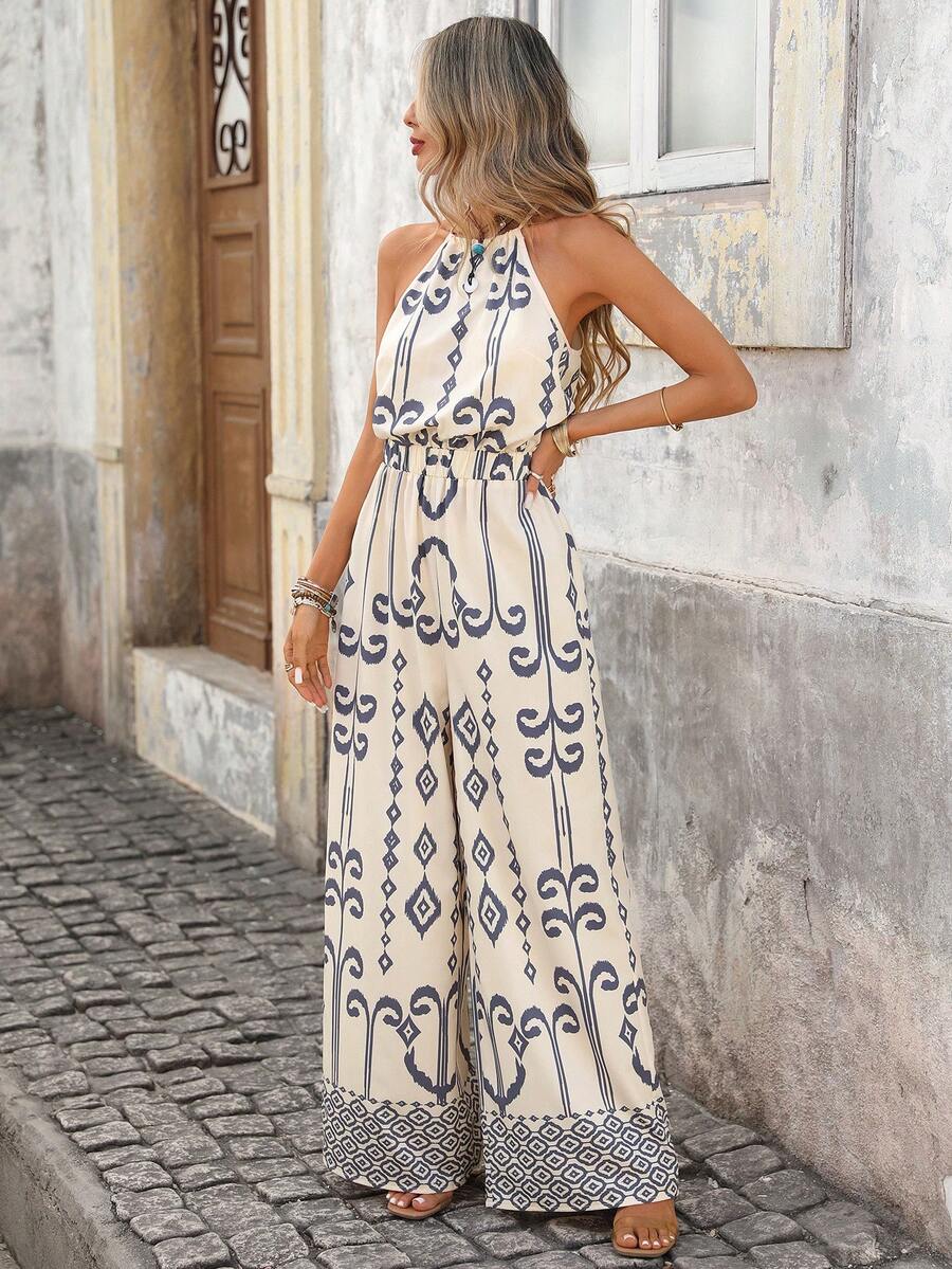 Brillora Bộ jumpsuit không tay in họa tiết phong cách Bohemian, hở lưng, thắt eo, có túi, dành cho nữ, thích hợp mặc đi nghỉ mát, mùa xuân/hè. - Nhiều màu - Xem 1