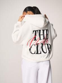 MISSGUIDED The Wifey Club Zip Up Hoodie With Drawstring And Front Zipper Black Text Print Fall Winter Casual Oversized - White - View 7