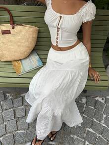 Sunnyshic 春夏时尚白色提花复古花卉拼接荷叶边短袖上衣和松紧腰A字长裙两件套女装 - 白色 - 查看 5