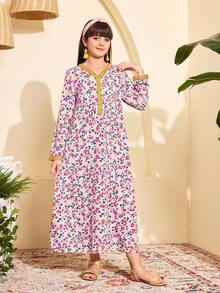1-Piece Tween Girl Fashion Traditional Versatile Spring/Fall Pink Floral Print Gold Thread Embroidered V-Neck Long-Sleeve Maxi Dress - Multicolor - View 5