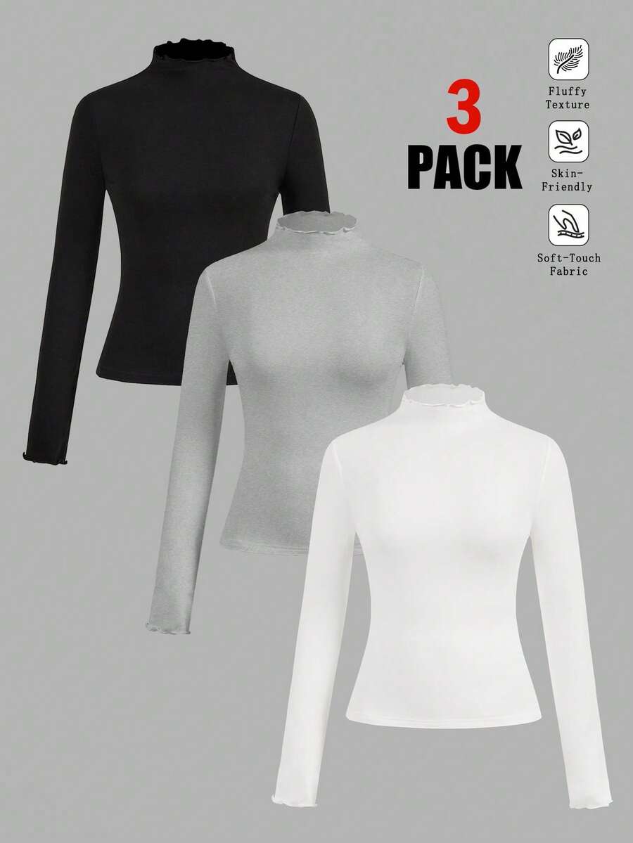 SHEIN EZwear 3件套休闲简约黑色、白色、灰色长袖紧身T恤，秋冬季 - 彩色 - 查看 1