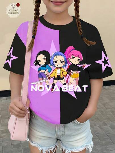 Sparklyn 1 pieza Parte superior de manga corta con gráfico de chica Kpop linda y genial en color negro y morado, corte holgado, adecuada para todas las estaciones - primavera, verano, otoño, invierno, gran regalo de Navidad para niñas preadolescentes