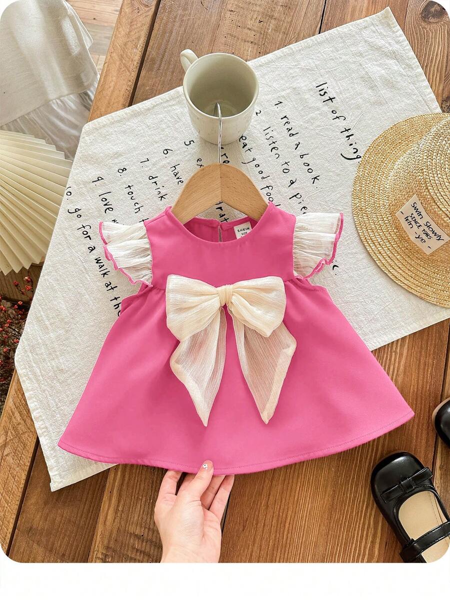 SHEIN LMoss Kids 可爱蝴蝶结短袖上衣,夏季百搭,洋红色 - 玫紅色 - 查看 1