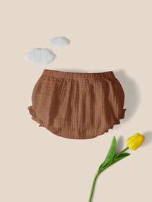 SHEIN New Born Solid Color Ruffle Waist Casual Baby Bottoms - Brown - View 3