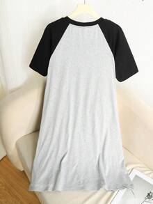 青少年女孩春夏休閒家居服 灰色與黑色拼接可愛貓咪卡通印花短袖睡裙 童裝 - 淺灰色 - 查看 2