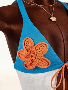 Amplova Conjunto de 2 peças com top de decote halter de tricô com flor 3D em contraste de cor e shorts de tricô de cintura baixa, novo em 2026 - Multicolorido - Visão 2