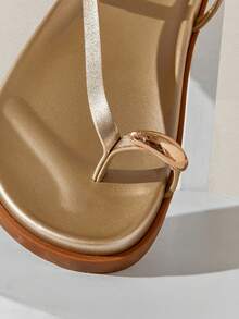 SHUZIA Women's Comfortable Gold Metal Toe Ring Metallic PU Flat Sandals Valentine's Day - Gold - View 7