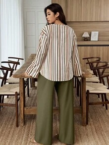 Breezaya 2pcs/Set Plus Size Women Notched Collar Buttoned Sleeve Contrast Color Floral Print Suit Fall - Multicolor - View 2